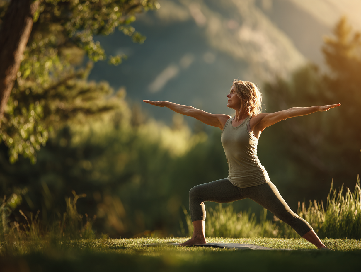 Жінка практикує йогу на природі